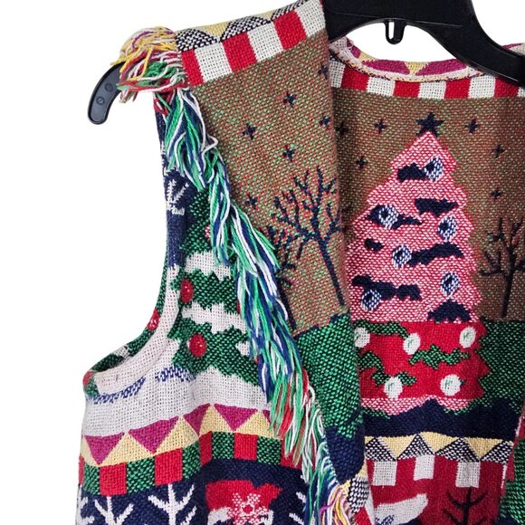 Vtg Tapestry Christmas Snowman Sweater Vest L Fringe Artsy Teacher Holiday - Picture 3 of 6
